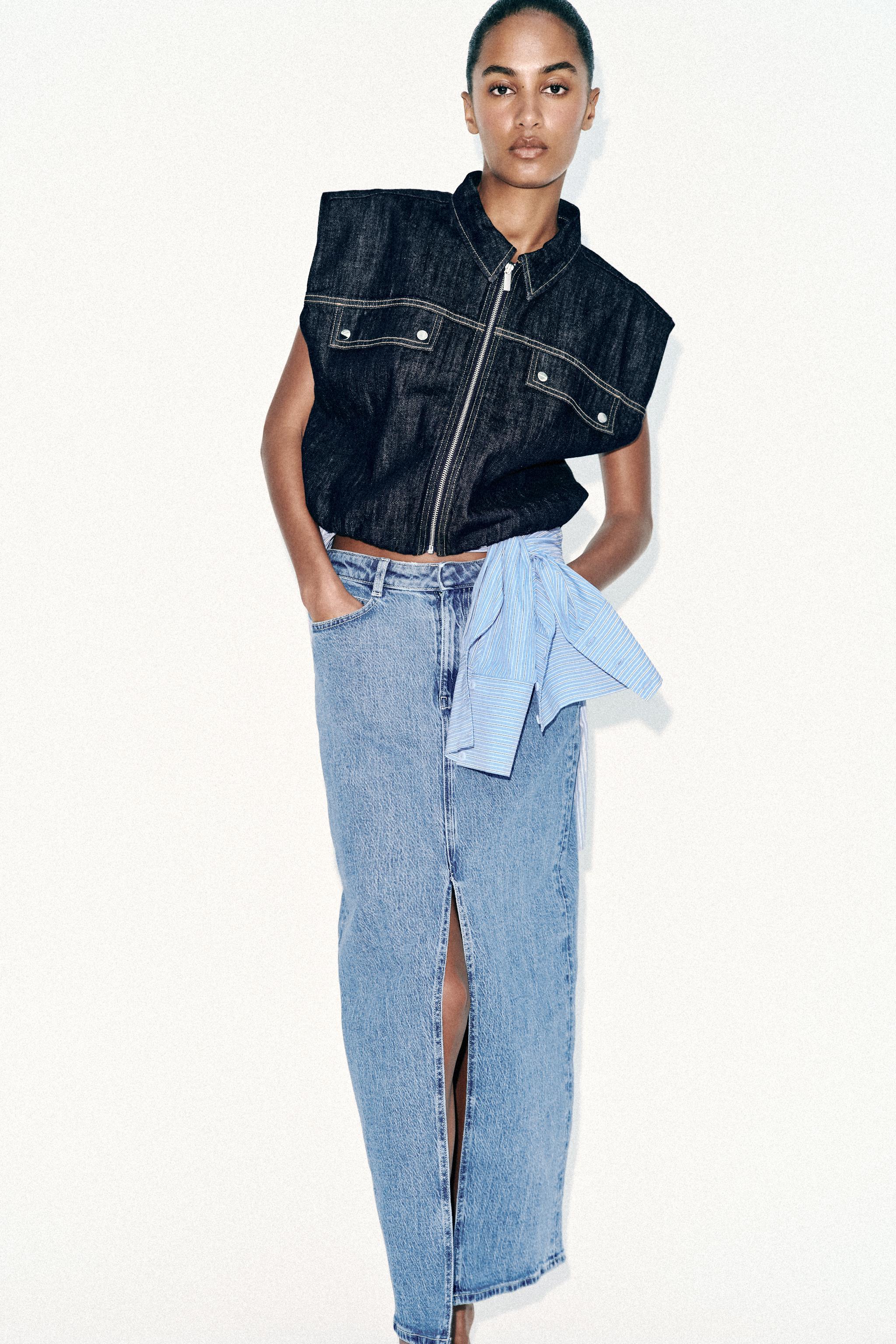 Z1975 YIRTMAÇLI DENİM MİDİ ETEK