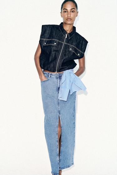 Zara Z1975 SLIT DENIM MIDI SKIRT - Mid-blue