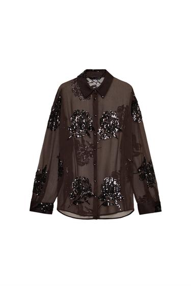 قميص خرز وترتر - بني by Zara