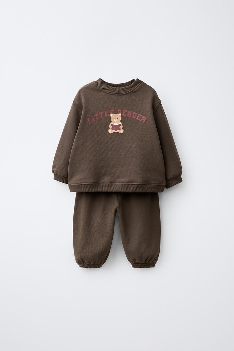BEAR SWEATSHIRT AND PANTS SET — Brown