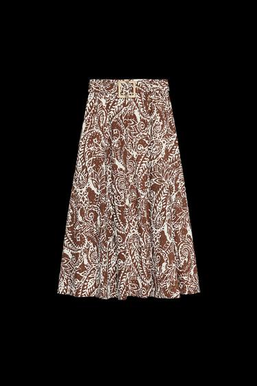 Zara EMBROIDERED EYELET MIDI SKIRT - Brown / Ecru