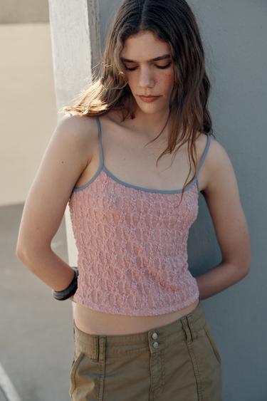 ÁO HAI DÂY PHỐI REN - Màu hồng pastel từ Zara
