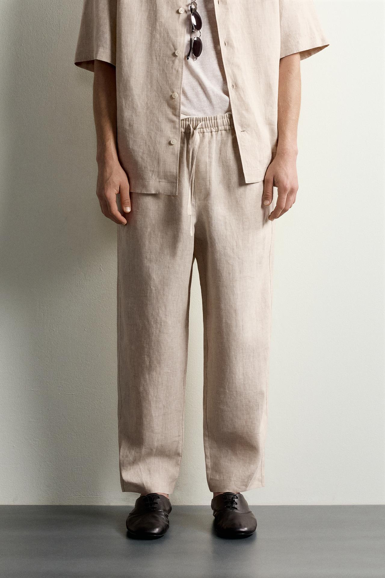 100% LINEN RELAXED FIT PANTS — Light beige