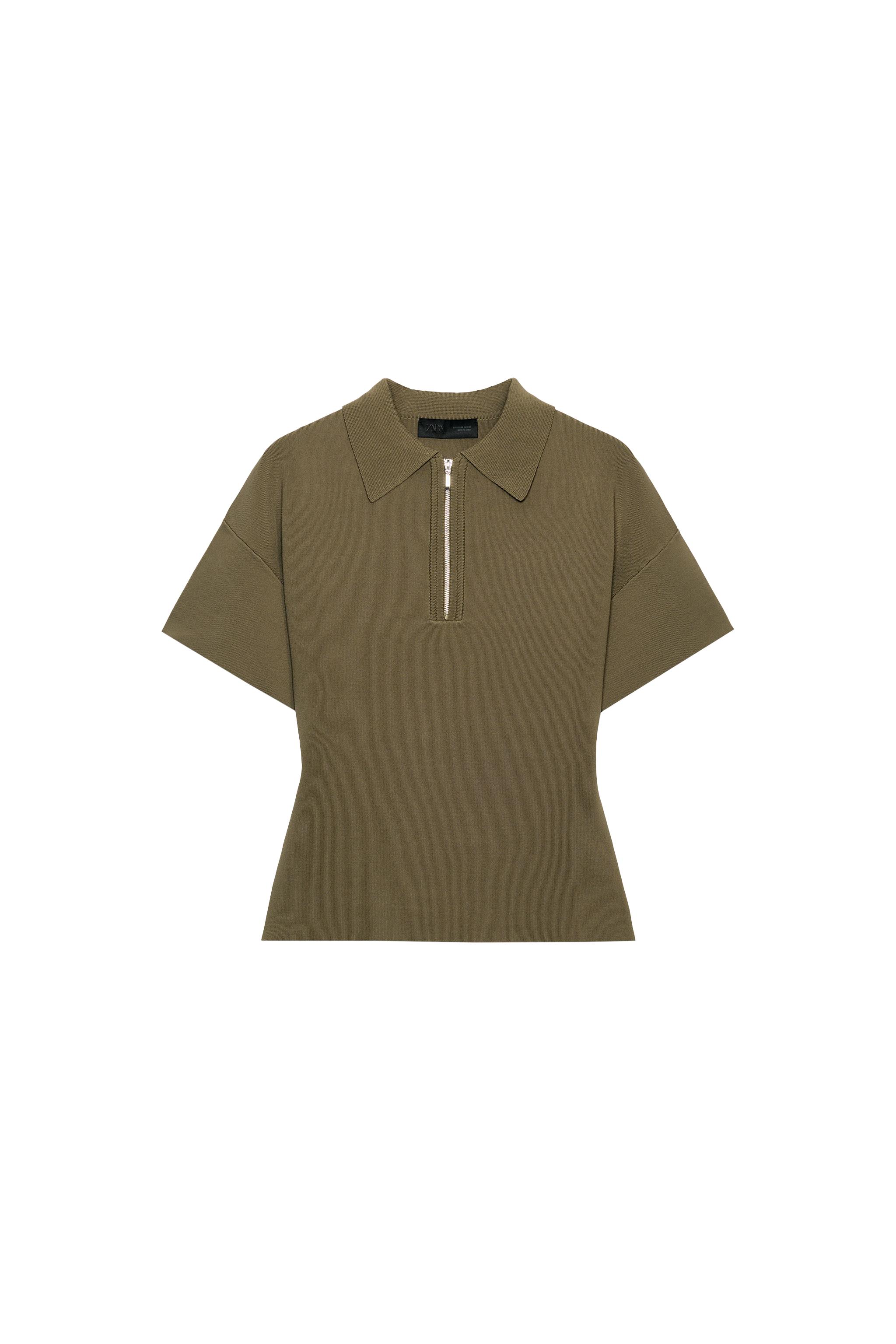SHORT SLEEVE ZIP-UP KNIT POLO - Khaki | ZARA United States