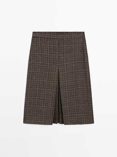 Zara 100% wool check midi skirt - Dark brown
