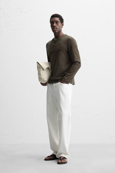COTTON-LINEN T-SHIRT WITH BUTTON NECK - Dark green by Zara - Image 3