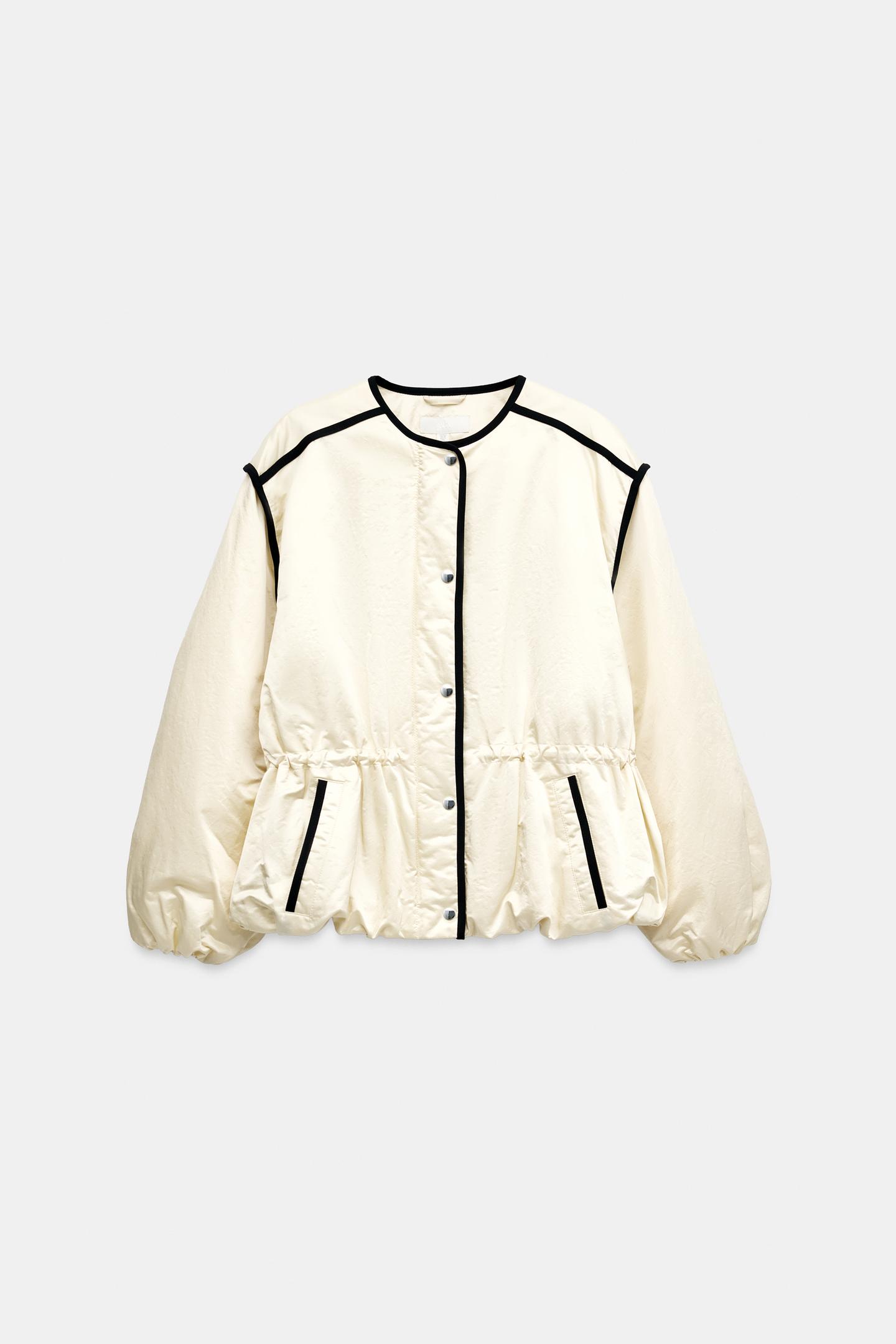 Женская куртка Zara Satin Jacket with Contrast Piping, цвет: Экрю — фото 7