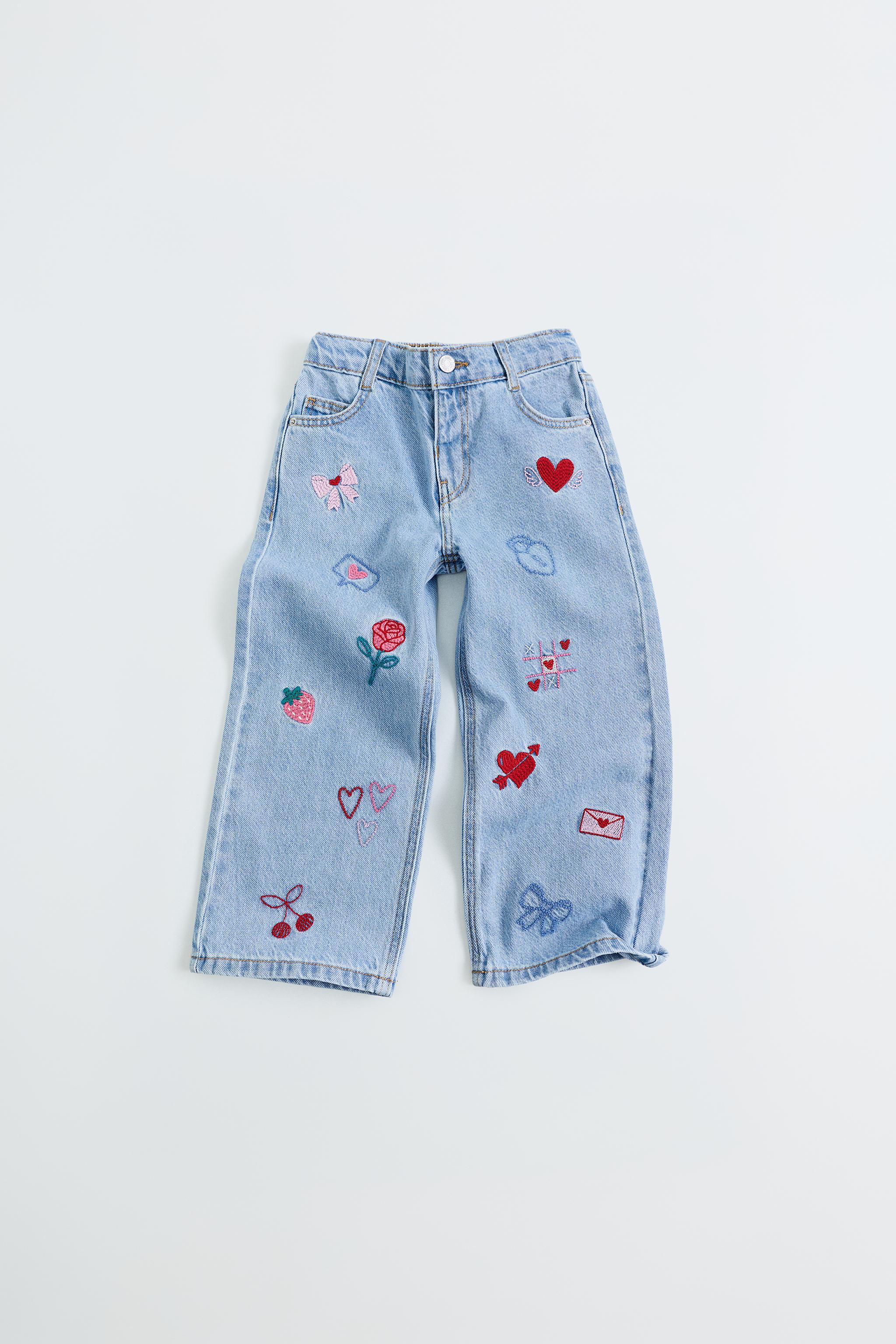 EMBROIDERED WIDE LEG JEANS — Blue