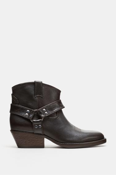 LEATHER COWBOY ANKLE BOOTS WITH RINGS - Brown by Zara