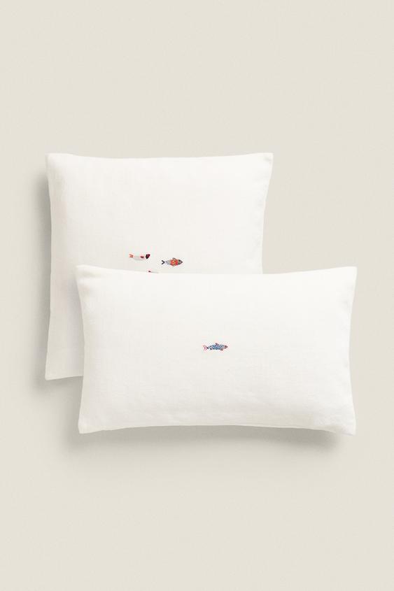 THROW PILLOW COVER WITH EMBROIDERED FISH