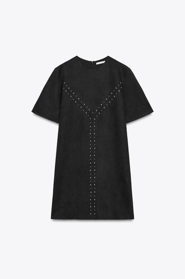 Zara FAUX SUEDE STUDDED DRESS - Black