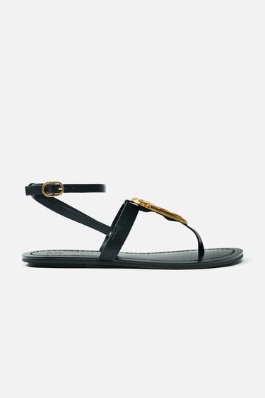 Zara FLAT SANDALS WITH METALLIC PIECE - Black