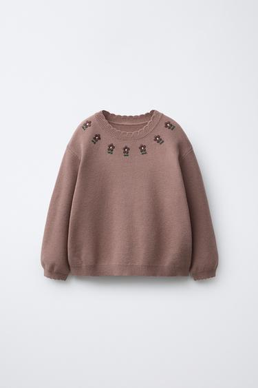 STRIKBLUSE MED BRODEREDE BLOMSTER - støvet rosa fra Zara - Billede 0