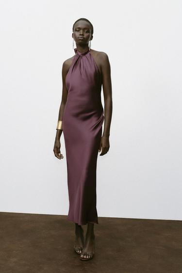 OPEN BACK SATIN MIDI DRESS - Burgundy by Zara - Image 0