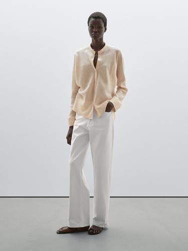 Zara Flowing linen shirt with stand collar - Yellow
