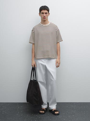 Zara Striped 100% cotton T-shirt - Mink marl - Image 0