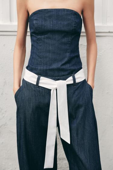 Zara TRF 牛仔布一字領上衣 - 深靛青色