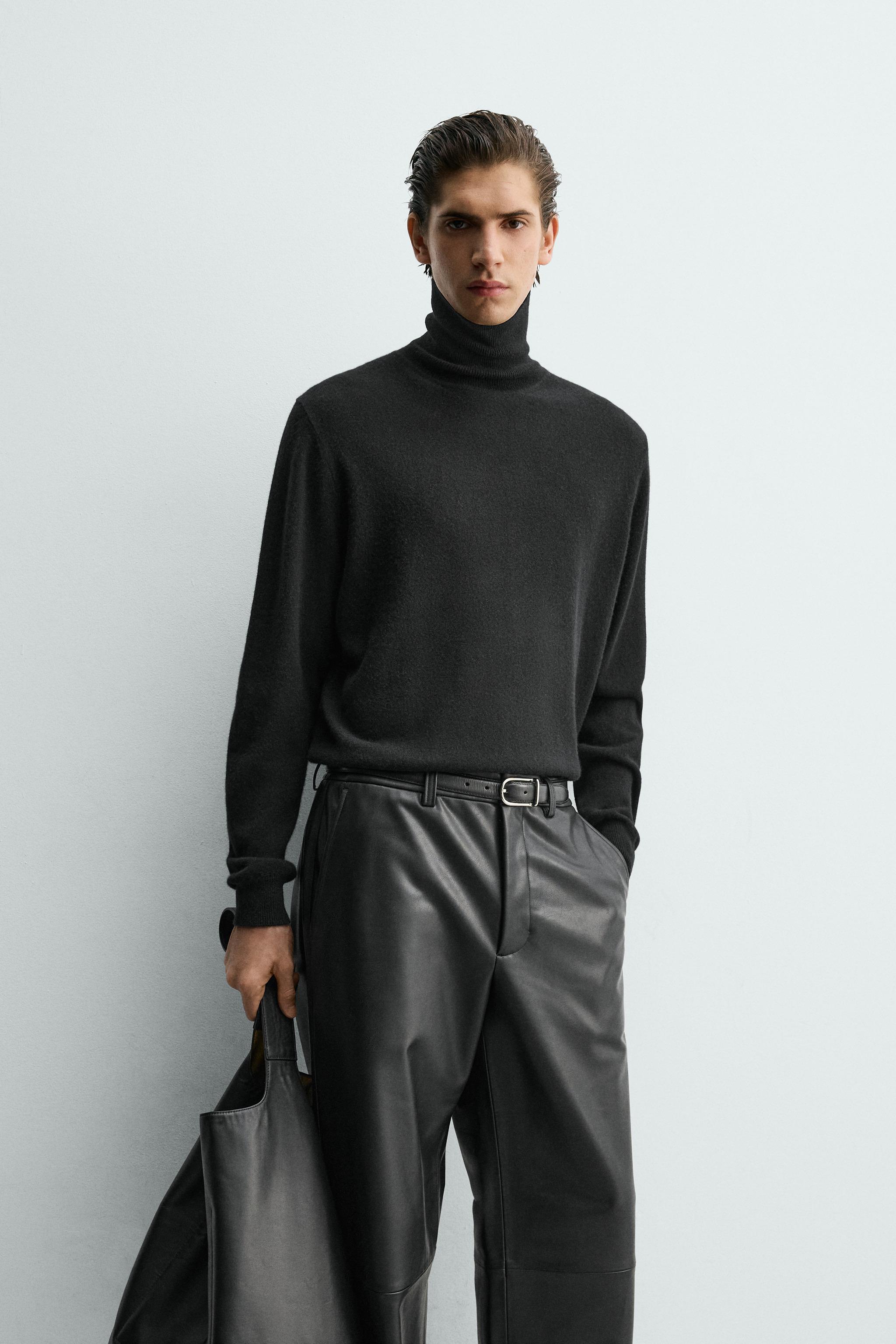 ZARA リアルレザー　タックワイドレザーパンツ　サイズ42 レディースブラックレザーパンツ | ZARA 日本