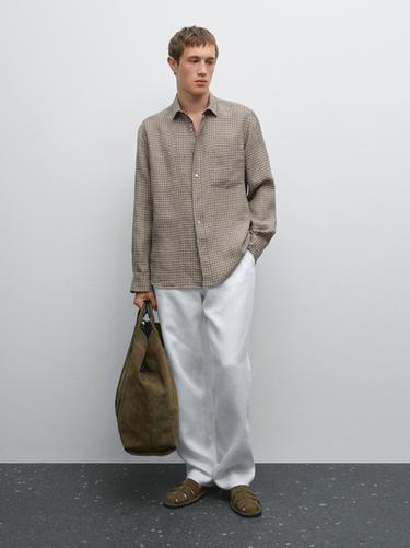Zara Regular fit linen check shirt - Brown marl - Image 0