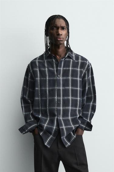 FLOWING CHECK SHIRT - Navy blue by Zara