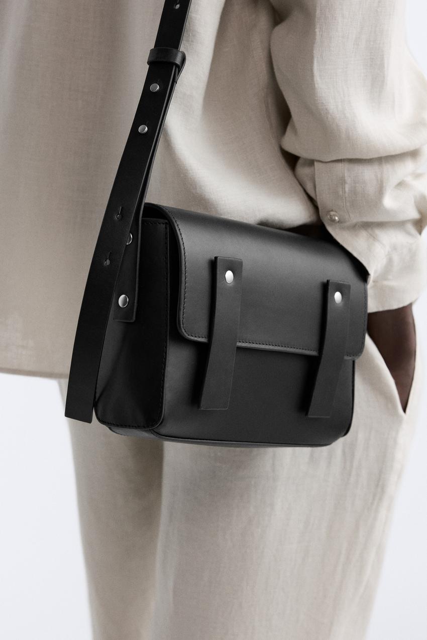 Black leather crossbody bag with flap Clearance