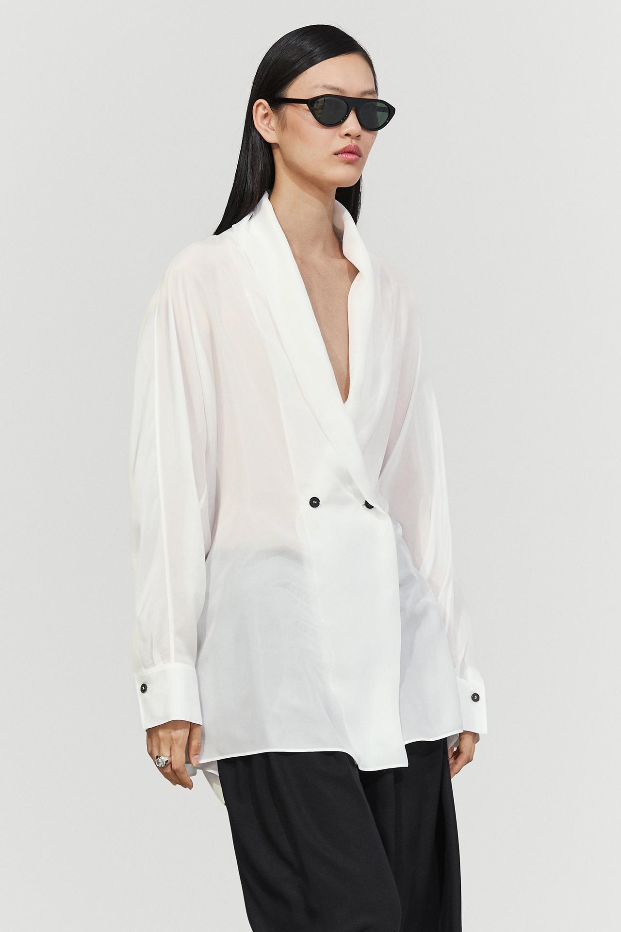 100% silk tuxedo-style wrap shirt — Oyster-white