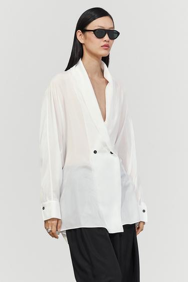 100% silk tuxedo-style wrap shirt — Oyster-white 2