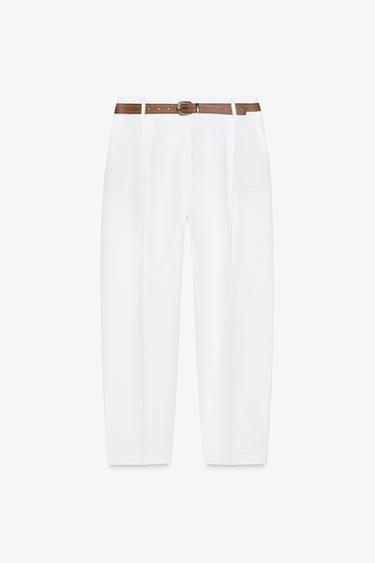 PANTALON DROIT AVEC CEINTURE EN LIN - Blanc cassé de Zara