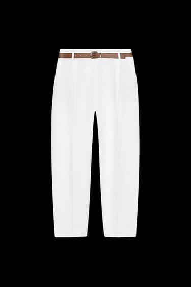 LINEN BELTED STRAIGHT-LEG TROUSERS - Oyster-white by Zara - Image 0