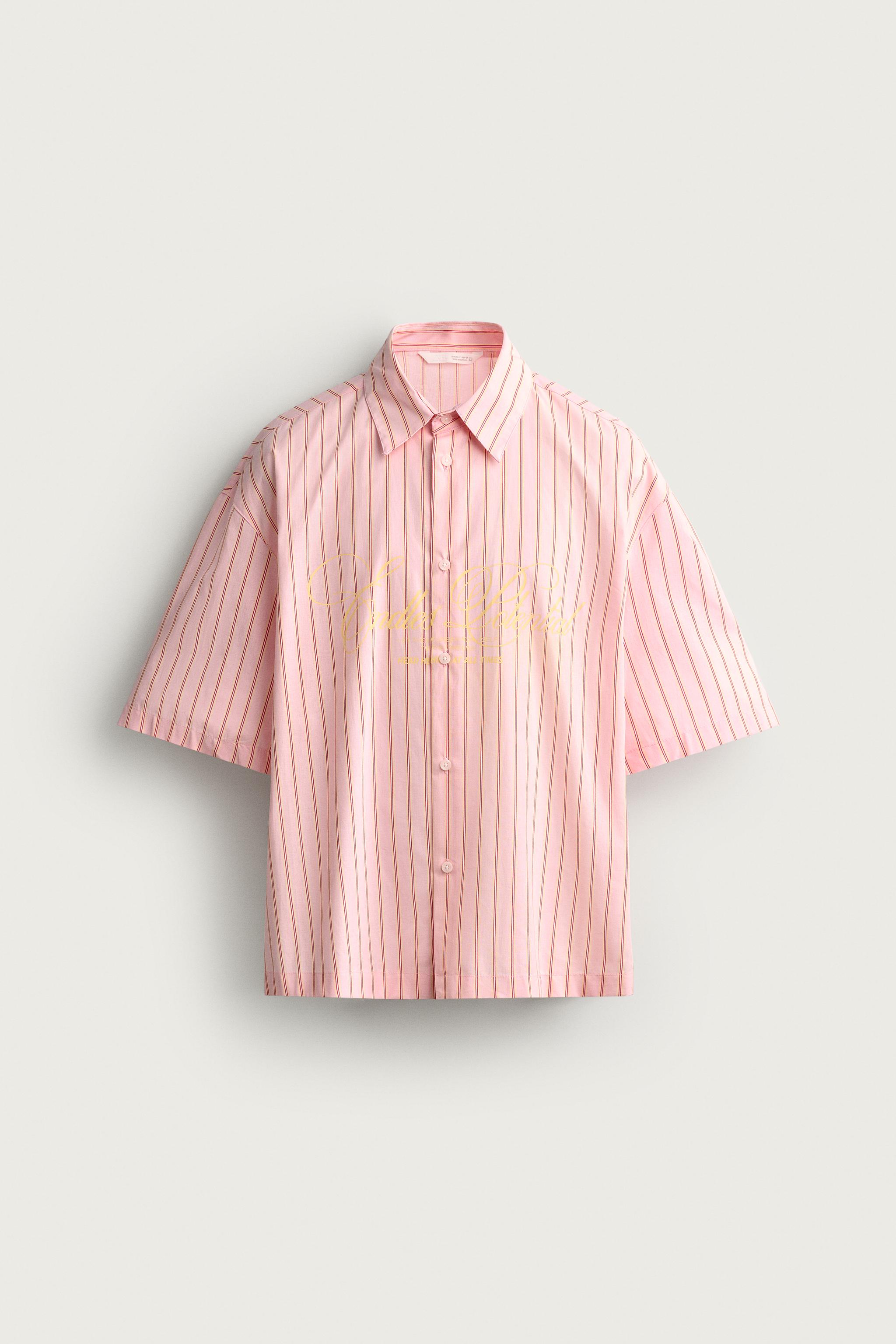 RELAXED FIT STRIPED TEXT SHIRT — Salmon