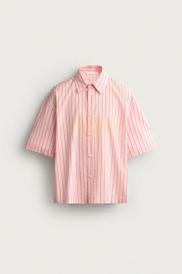 CAMISA RELAXED FIT RAYAS TEXTO - Salmón de Zara