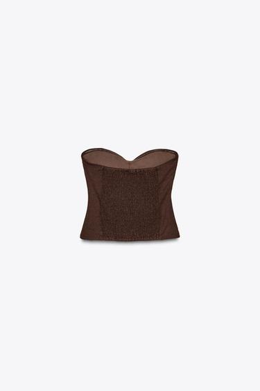 LINEN BLEND GATHERED BUSTIER TOP - Brown by Zara - Image 4