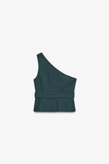 Zara ASYMMETRIC BELTED TOP - Bottle green