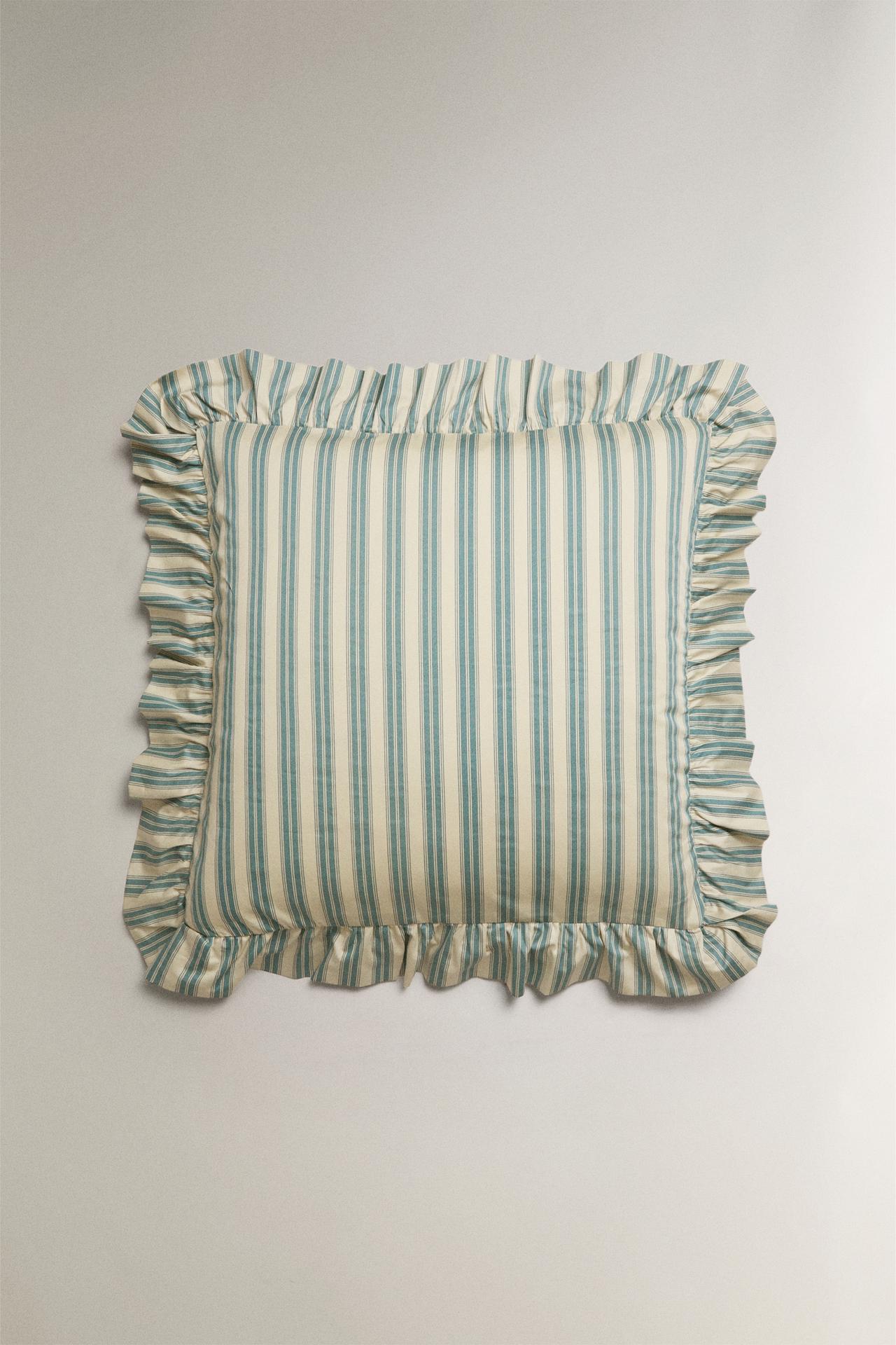 STRIPED PILLOWCASE WITH RUFFLE TRIM | KATHARINE POLE — Blue
