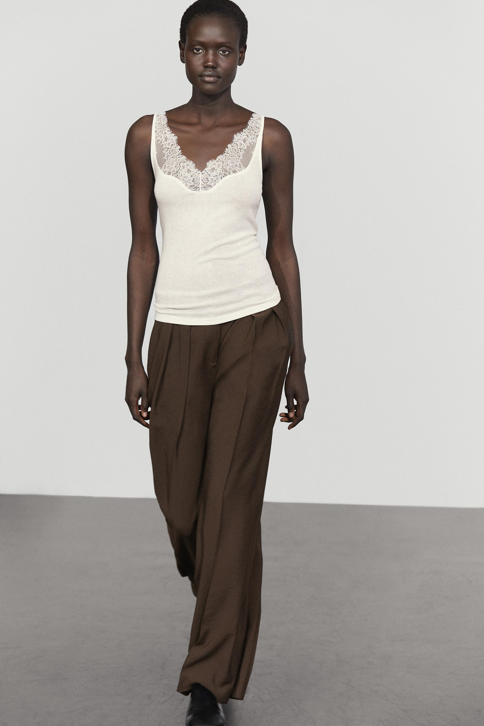 トップス Lingerie Camisole Strappy lace-trimmed camisole top - Ecru | ZARA United States