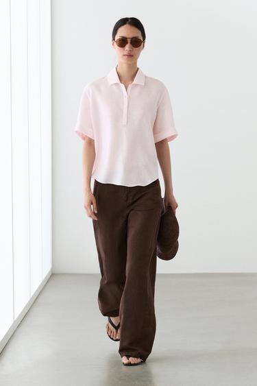 Zara Linen blend trousers with seam detail - Chocolate - Image 0