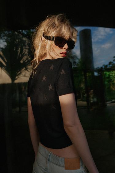 SHORT SLEEVE STAR KNIT CARDIGAN - Black by Zara - Image 4