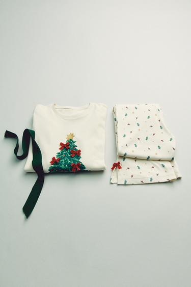 AGES 6-14 / TREE PRINT VELVET RIBBON PYJAMAS - Ecru by Zara