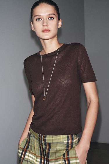 TRICOT TOP MET KORTE MOUWEN VAN Linnen - DONKERBRUIN van Zara