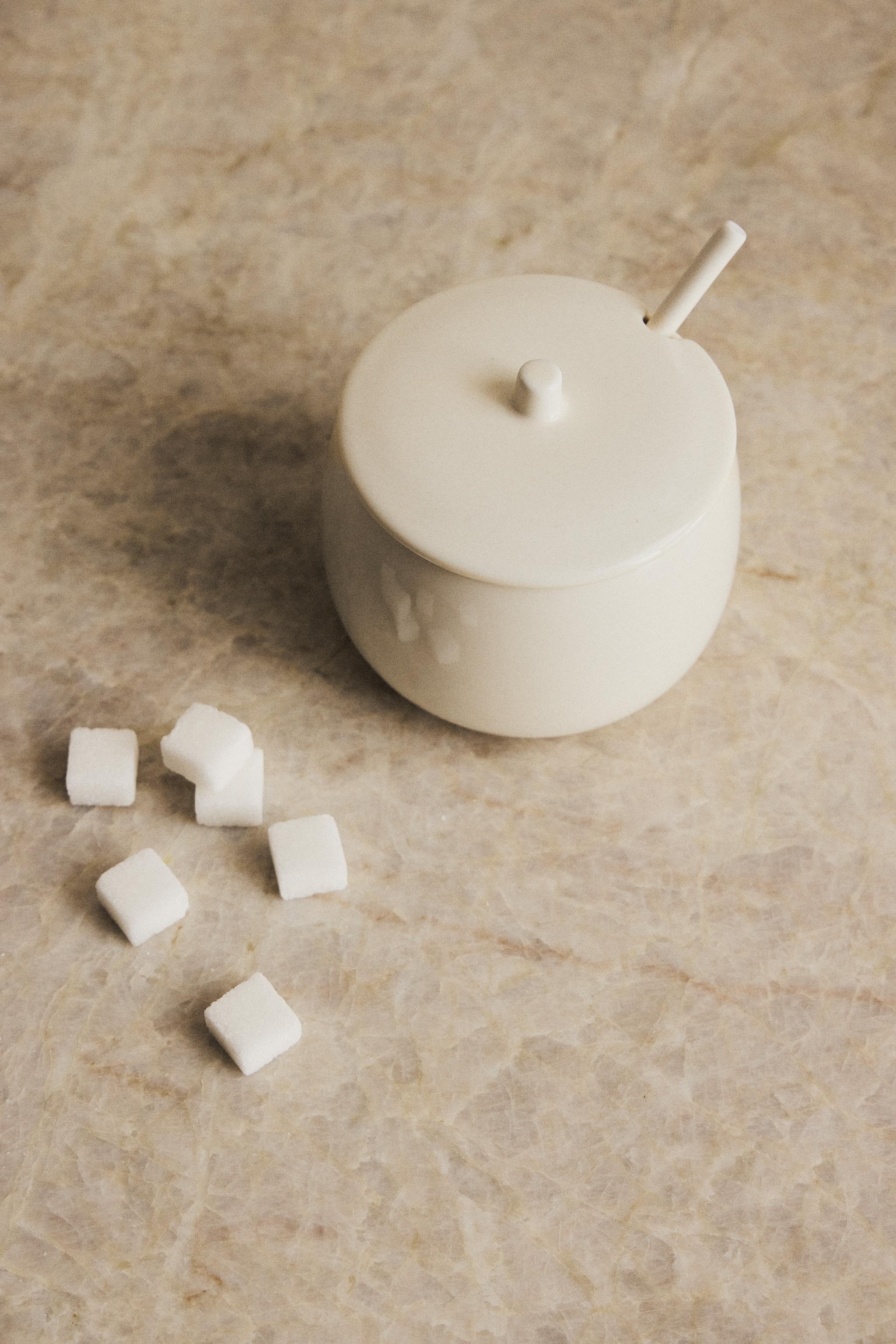 PLAIN STONEWARE SUGAR BOWL WITH SPOON