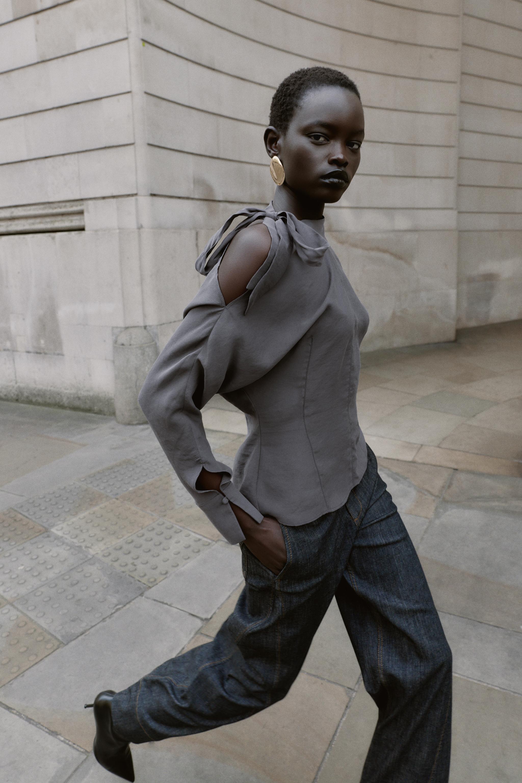 SHOULDER CUT-OUT BLOUSE WITH TIE - Blue / Gray | ZARA United