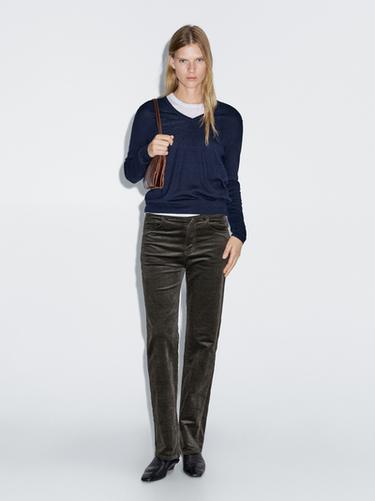 Pantalon droit en microvelours côtelé - Vert de Zara
