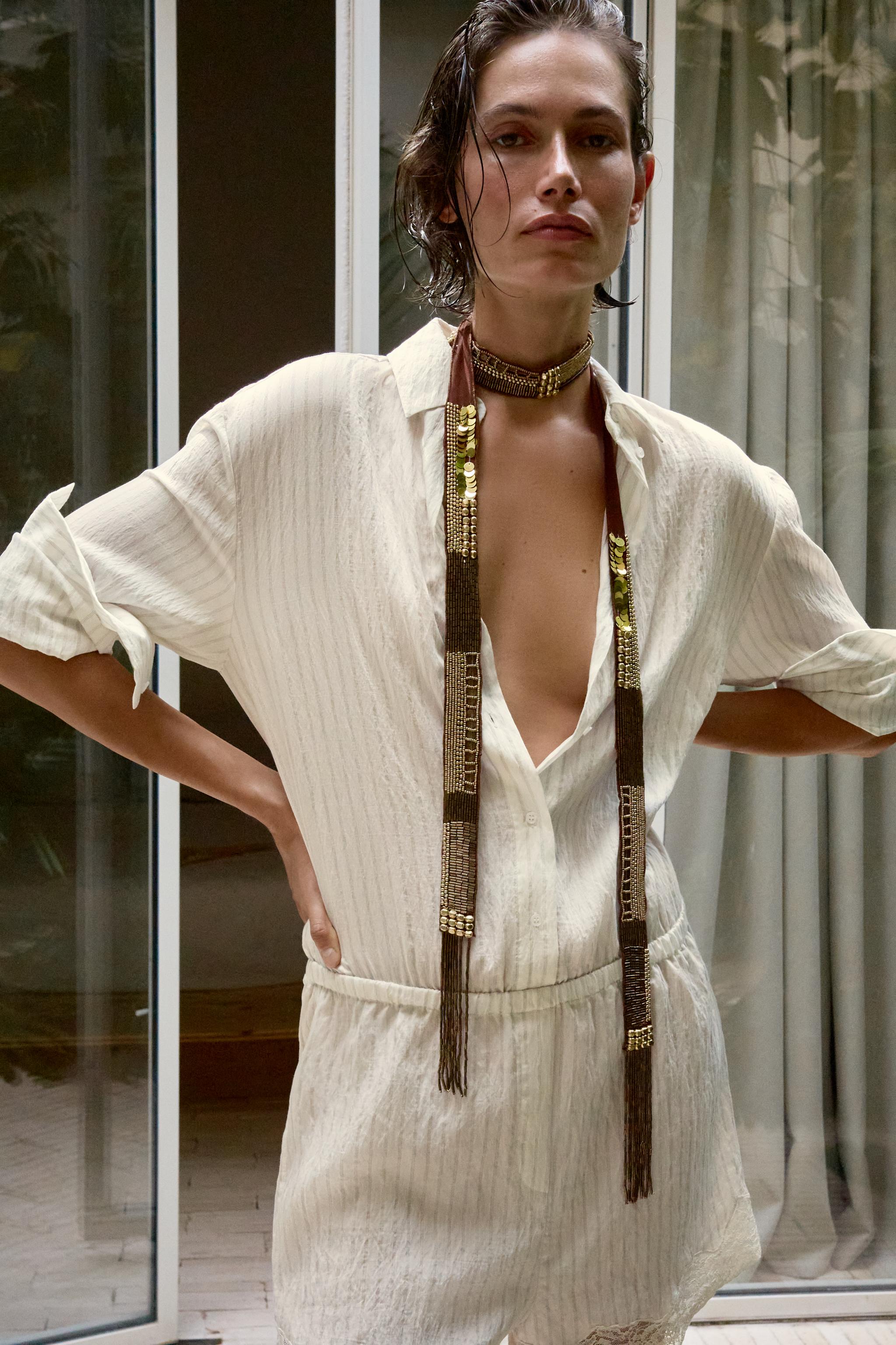 STRIPED PRINT LACE SHIRT JUMPSUIT