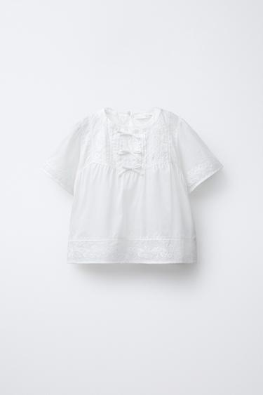 Zara EMBROIDERED BOW SHIRT - White