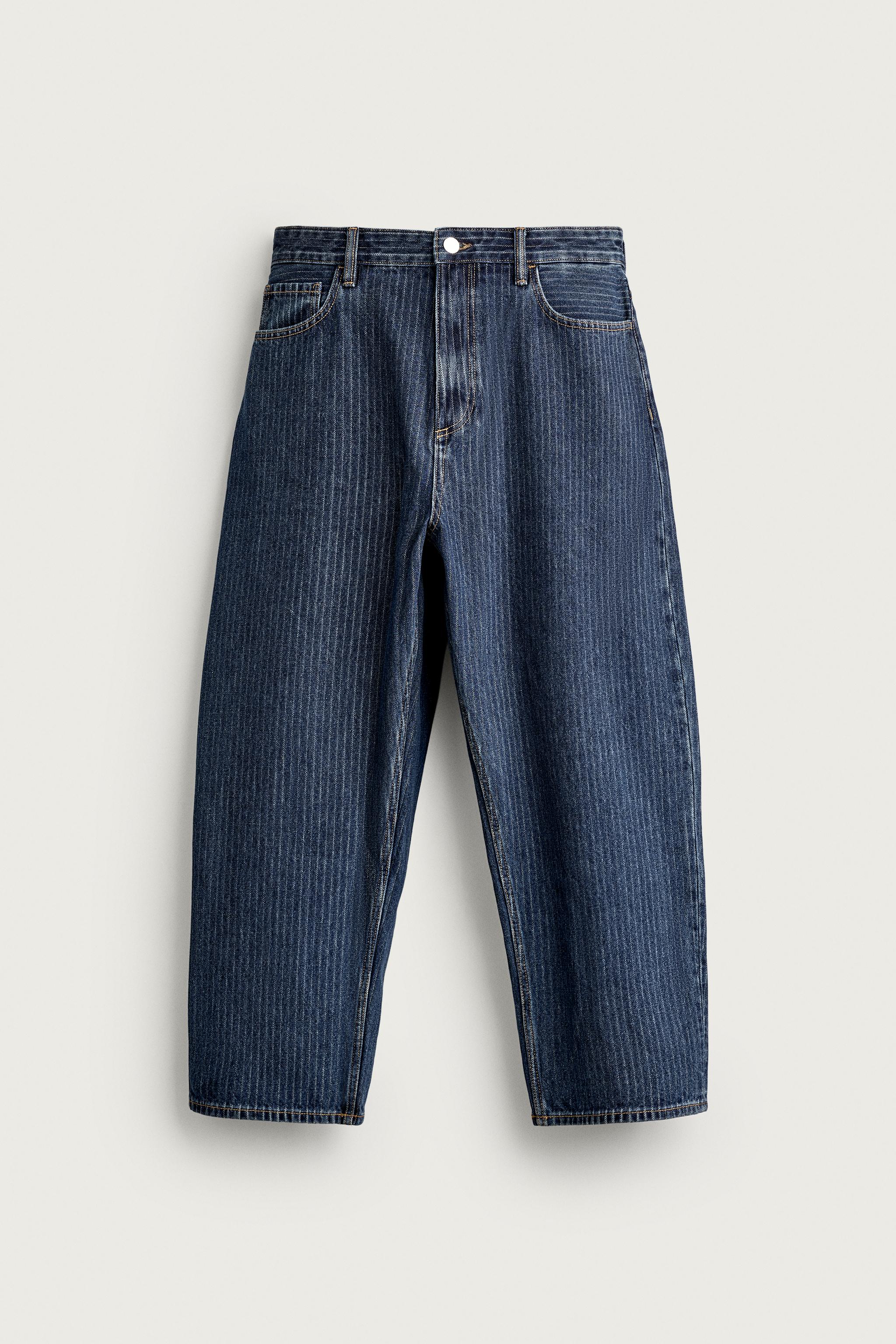 STRIPED TAPERED WIDE FIT JEANS — Blue / White