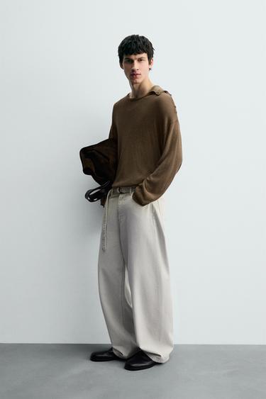 JEAN COUPE DÉCONTRACTÉE CEINTURE - Vert gris de Zara - Image 3
