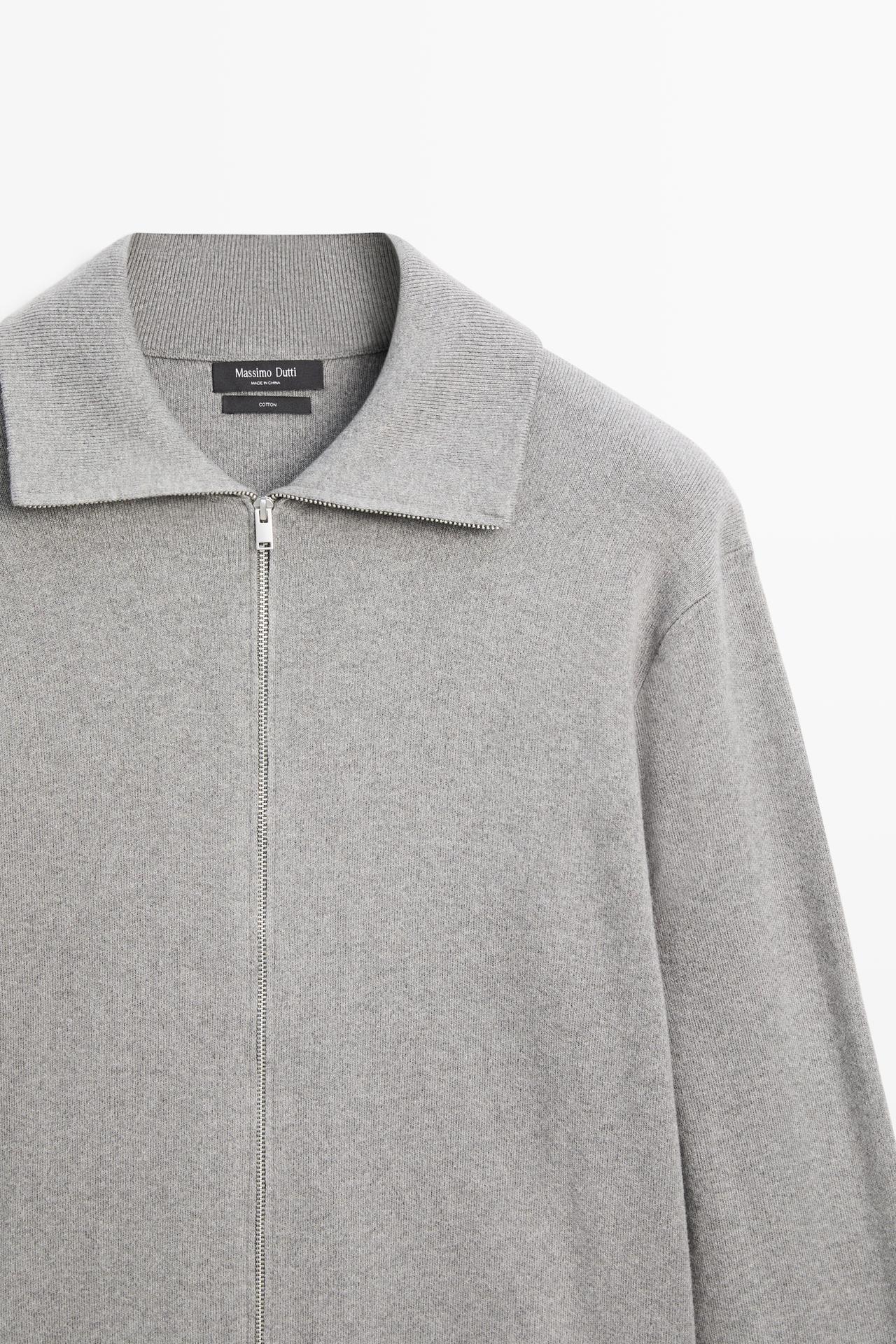 100% cotton zip-up knit cardigan — Gray / Beige