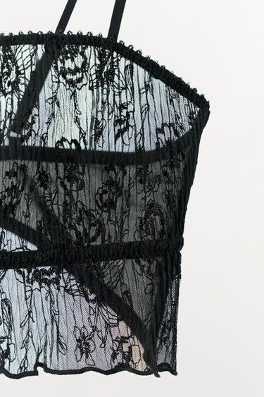 PLEATED LACE BRALETTE WITH EMBROIDERED FLOWERS - Black by Zara - Image 5
