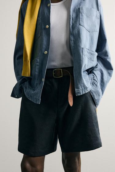 100% LINEN REGULAR FIT BERMUDA SHORTS - Navy blue by Zara