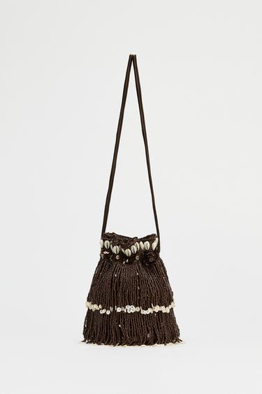 Zara GLITTER SHELL MINI BUCKET BAG - Chocolate